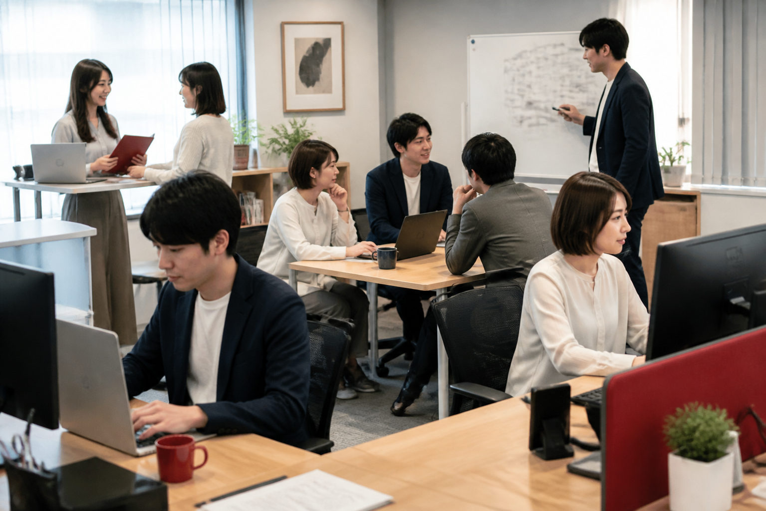 ホワイトボードの前で話し合う社内エンジニアチーム